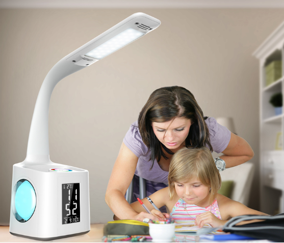 LED-Schreibtischlampe mit Steckdose, Kalender, Temperaturanzeige, Kopfendebeleuchtung, Studie, Lesung für Kinder